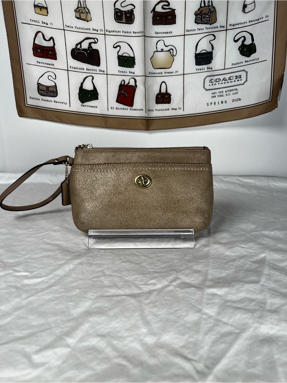 COACH Metallic Gold Polished Pebble Leather Turnlock Wristlet / Clutch
